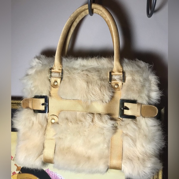 Marshall Fields Handbags - Marshall Fields Champagne Fur Satin Trim Handbag Purse 11”Hx10”W EVC